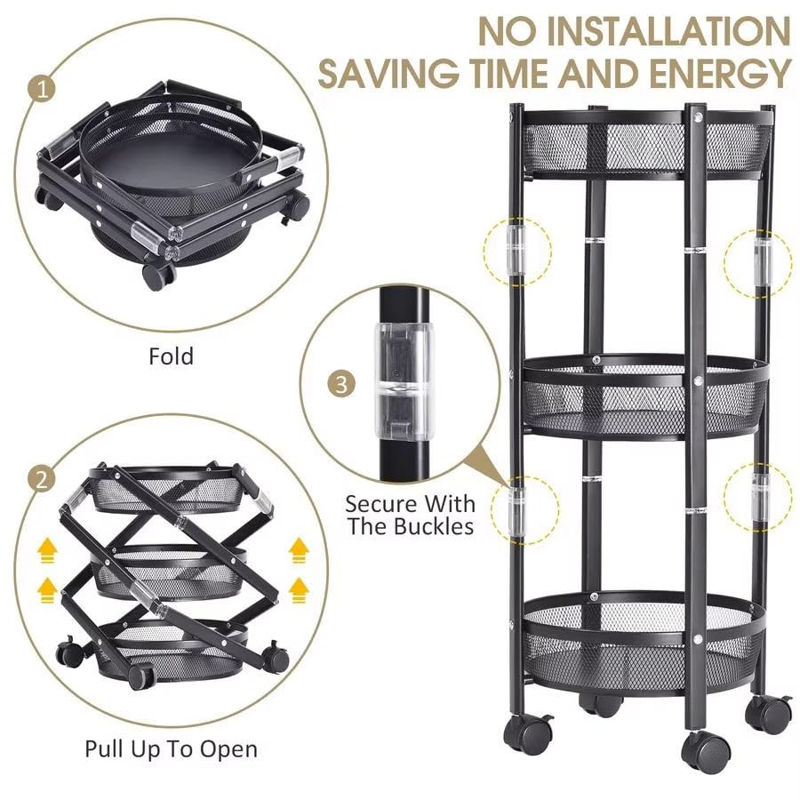 Image of JD FRESH 3-Tier Foldable Rolling Storage cart /Metal Utility Storage Trolly with Lockable Wheels /Assembly-Free and Versatile Serving Organizer Trolley for Kitchen, Bathroom or Living Room (Black)