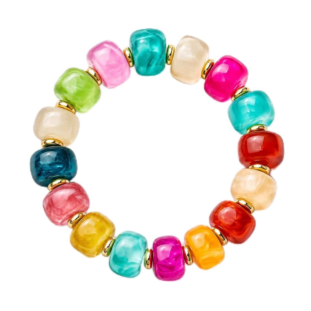 Bead Bracelet for Women Brown Barrel Resin Heart Charm Stretch, Solid Marble Boho Jewelry Gift Neutral Daily Wear