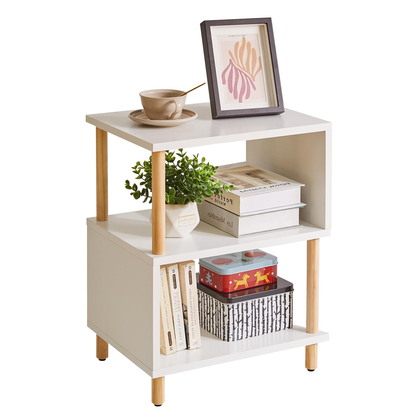 Aibiju White Side Table, Small End Table, Modern Nightstand with Storage Unit for Bedroom/Living Room/Hallway/Office,White+Natural Wood Legs,YD-TM152W