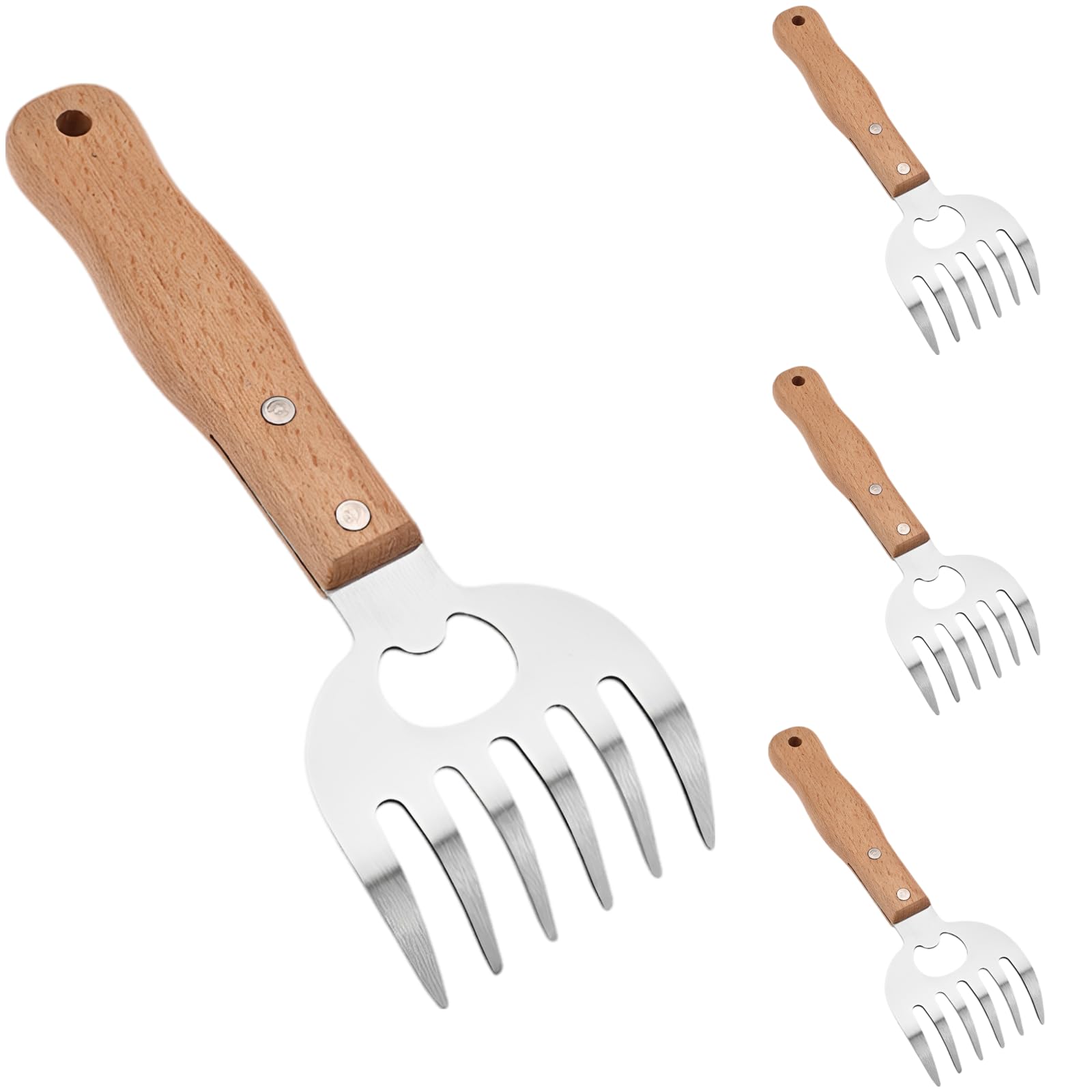 4 Stk. Fleischkrallen für Pulled Pork, BBQ-Krallen aus Edelstahl mit ergonomischem Holzgriff, Fleischgabeln für Huhn, Rind und Truthahn, multifunktionales Fleischwerkzeug mit Flaschenöffner