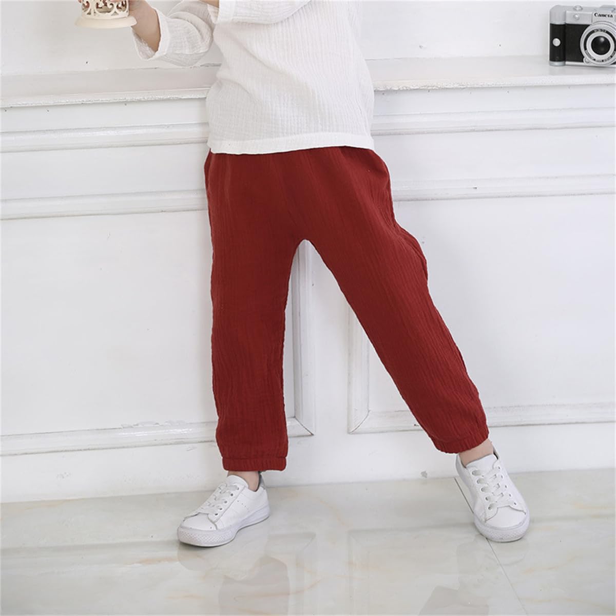 Lot de 3 Pantalon Bloomers Été pour Bébé Garçon Fille Pantalons Sarouel en Coton Lin Pantalon Bouffant à Couleur Unie Pantalons Long Décontracté Jogging pour Enfant Garçon Fille 6 Mois-7 Ans