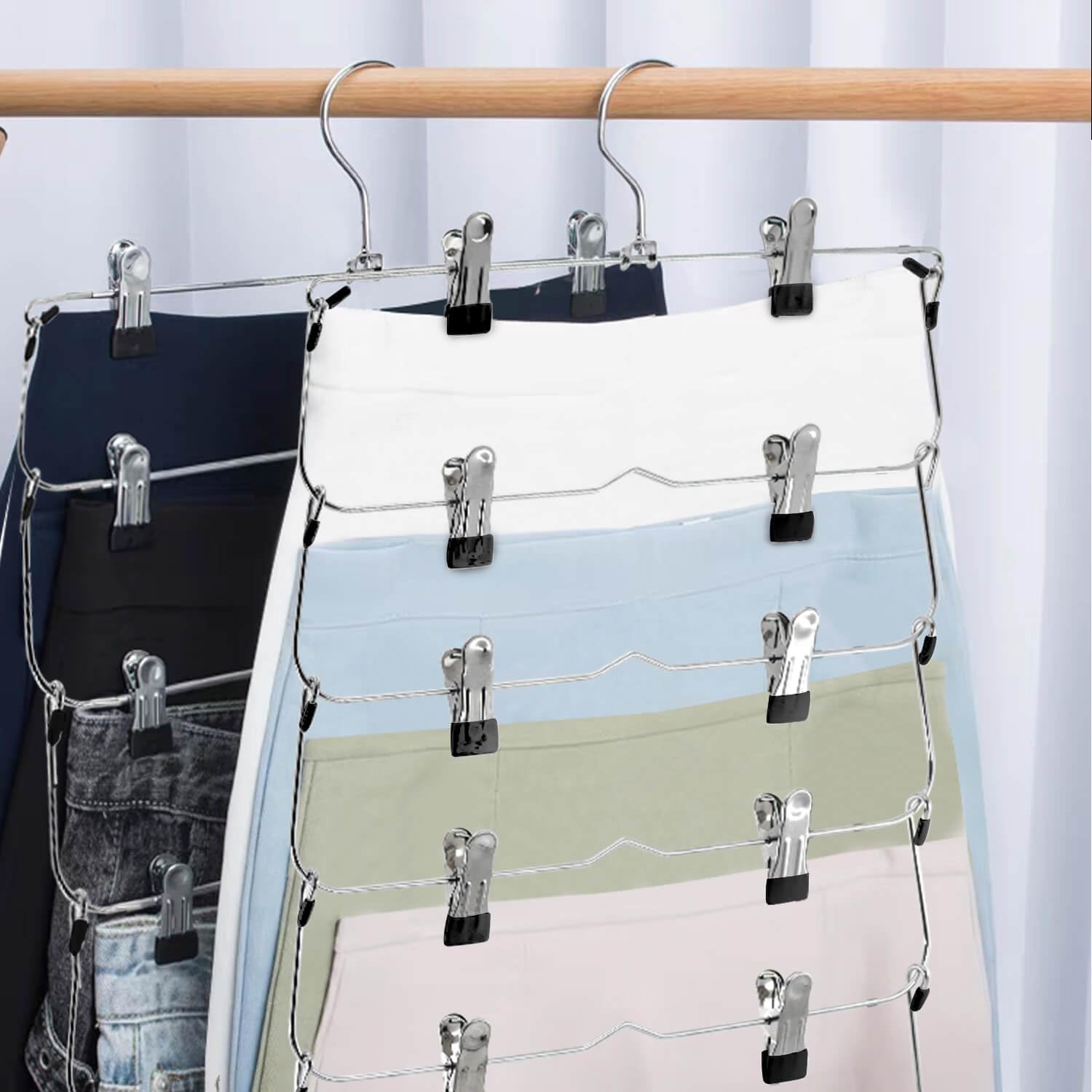Perchas para faldas y pantalones con clips, perchas de 6 niveles para faldas que ahorran espacio, metal, organizador de armario antideslizante y almacenamiento para múltiples prendas y pantalones