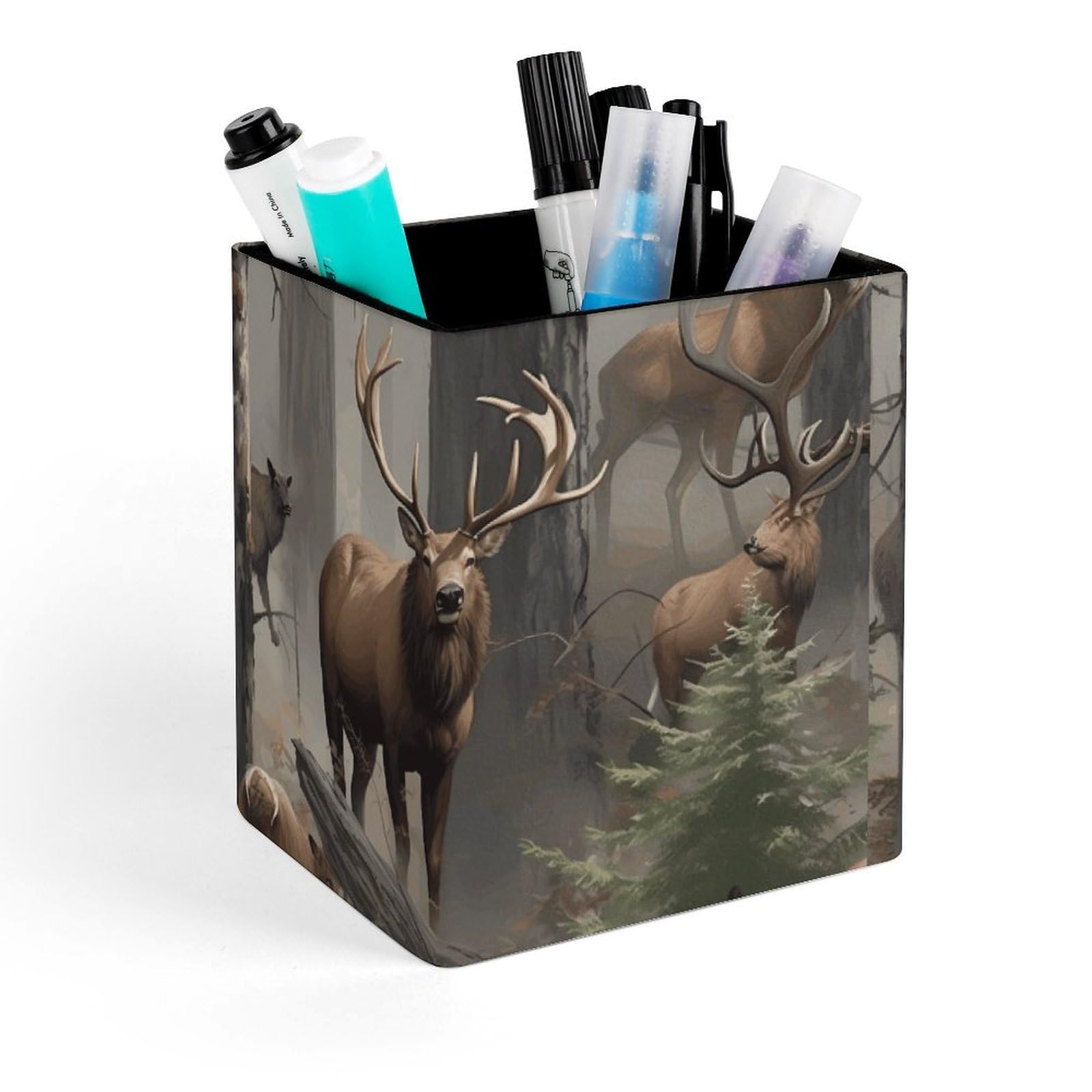 DWVTSLH Aesthetic Pen Holder for Desk - Modern Leather Pencil Holder - Stylish Square Makeup Brush Holder - Hunting Deer Bear Elk Pen Cup Cute And Functional Desk Organizer for Office Supplies