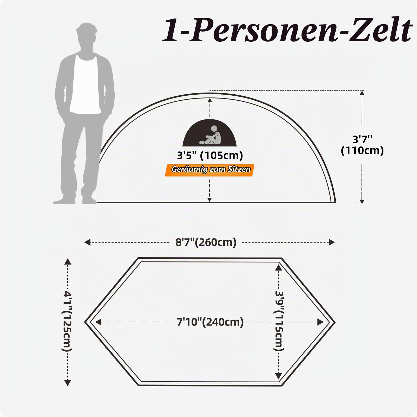 Zelt, Kuppelzelt 1 Person, Schneller Aufbau, Ultra-leicht biwakzelt, Wasserdicht, Kleines Packmaß, für Camping, Trekking, Outdoor, Festival