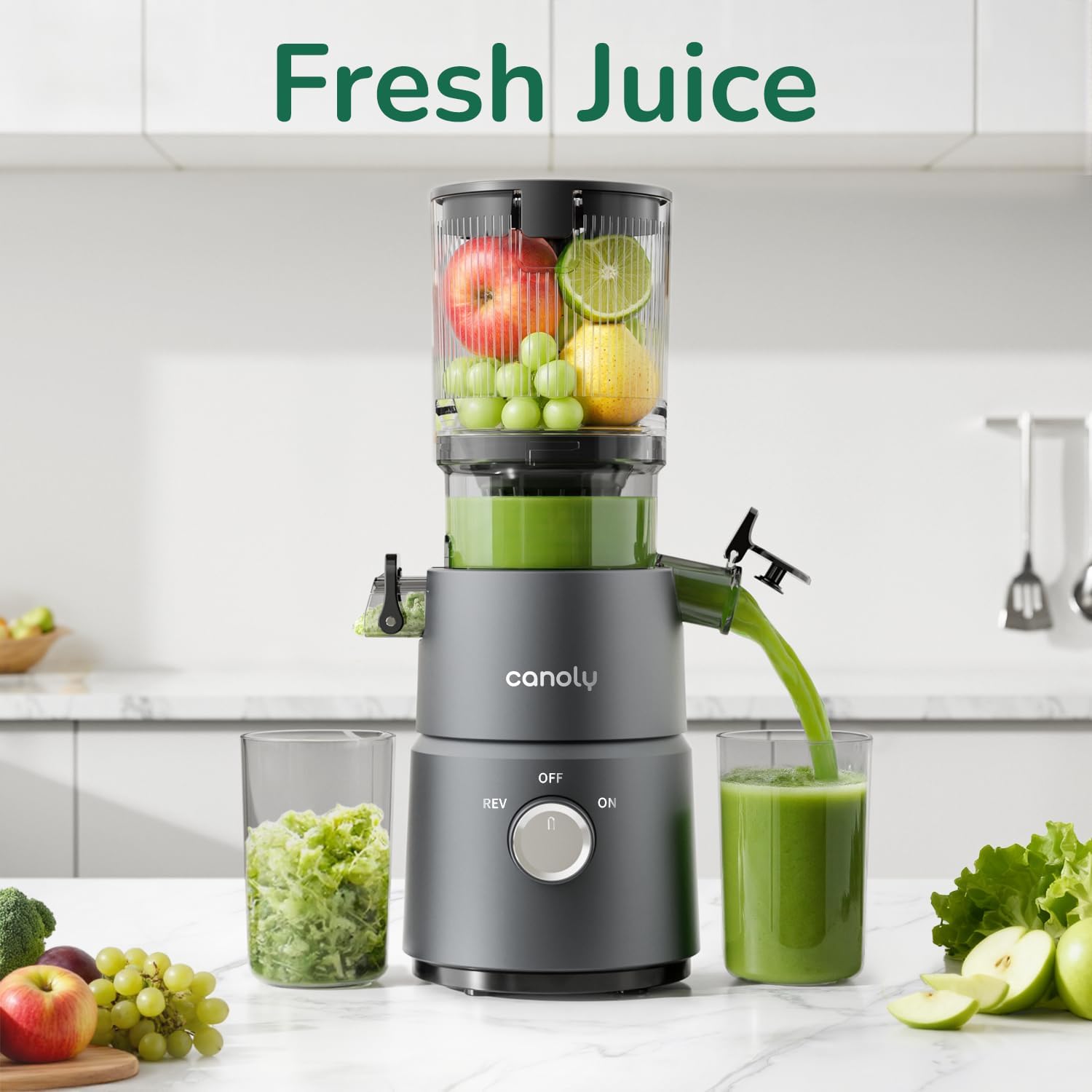 Canoly Cold Press Juicer, 350W Slow Juicer Machine with 4.5" Wide Feed Chute, Masticating Juicer Supports Whole Fruits & Vegetables, Reverse Function, Easy to Clean with Brush, Space Black - Image 6