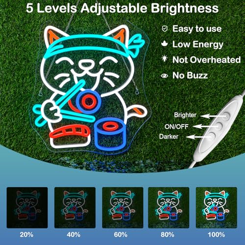 Image of Lucky Sushi Cat Neon Sign Japan Wall Light Gift for Restaurants Decoration | 13.8in*12.6in,Adjustable brightness (5 levels),Powered by USB,Applicable to Ramen Restaurants,Kitchen Home Party,Snack,Bar