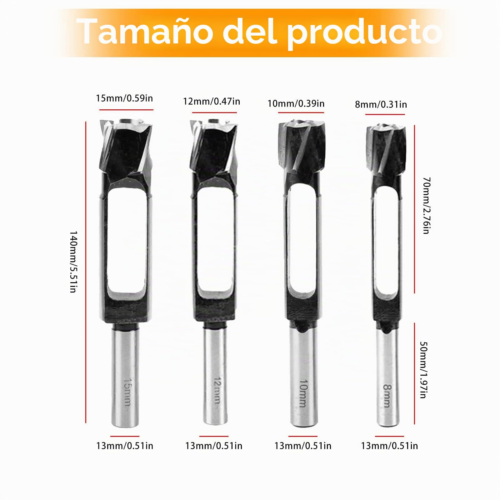 Juego de 4 brocas de espiga profunda para trabajos de carpintería, 8 mm/10 mm/12 mm/15 mm, diámetro cortador de agujeros para madera, cajas de brocas (8 mm/10 mm/12 mm/15 mm)