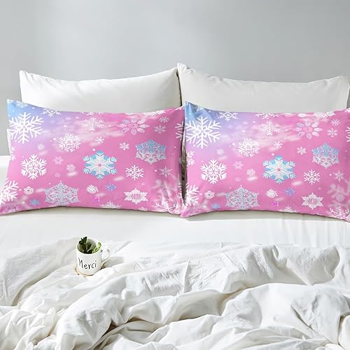 Miniatura 5 de Erosebridal Juego de sábanas de Navidad color rosa, diseño de copos de nieve pastel kawaii para niños, niñas y mujeres, lindos juegos de ropa de