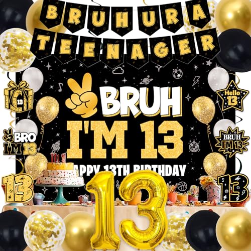 Image of 13th Birthday Decorations for Boys Girls, Black Gold Bruh Ur A Teenager Birthday Party Decorations, Bruh I'm 13 Backdrop, Foil Balloons 13, Banner, Balloons, Hanging Swirls, Birthday Card Set 45pcs