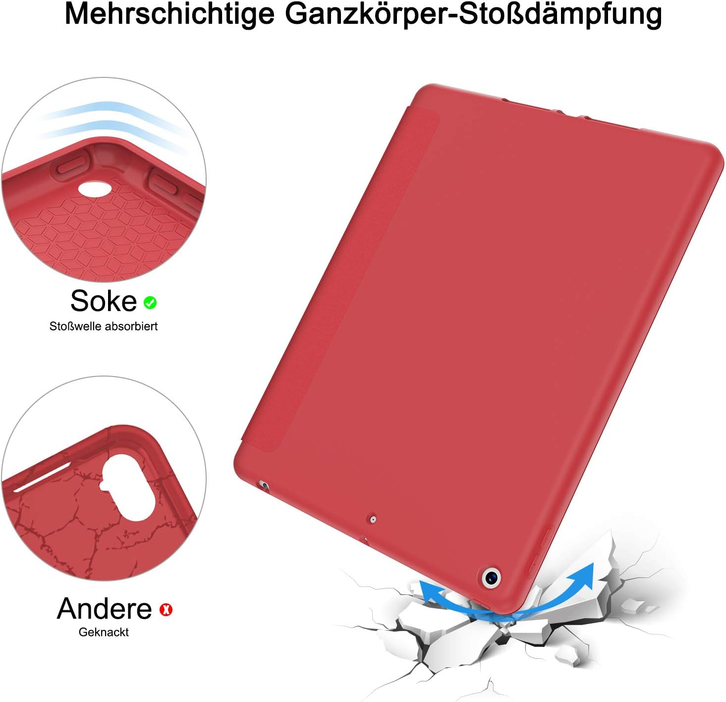 Soke iPad 7th/8th/9th Generation Case,Compatible iPad 10.2 inch (2019/2020/2021 Releases),iPad Case 10.2 Case with Pencil Holder, Lightweight Smart Cover with Soft TPU Back,Auto Sleep/Wake(Red)