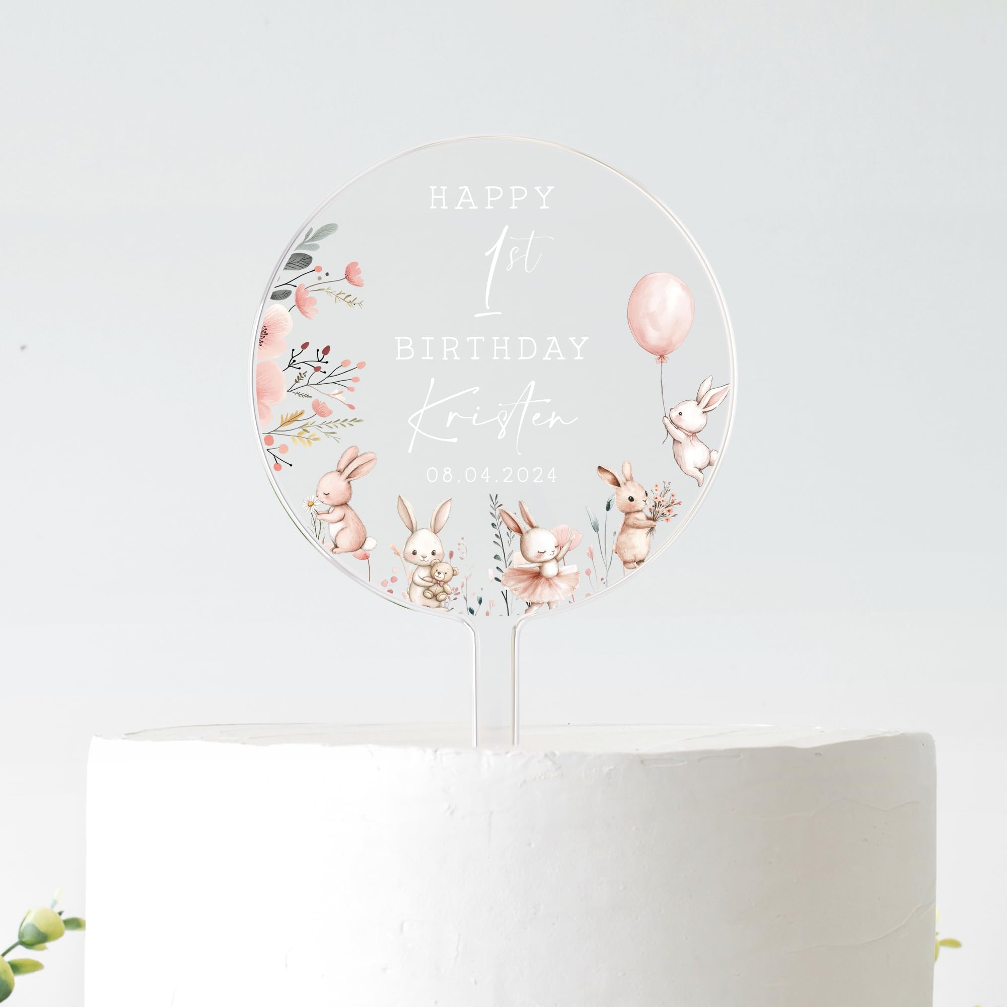Personalised 1st Birthday Cake Topper | Bunny & Floral Design | Custom Name & Date | Frosted Acrylic | 10cm or 12cm (WHITE TEXT, 10CM)