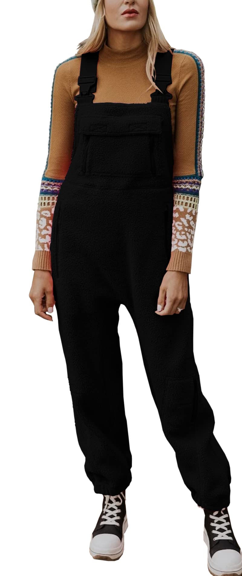 Ebifin Women's Fleece Warm Overalls Winter Loose Casual Jumpsuits with Pockets