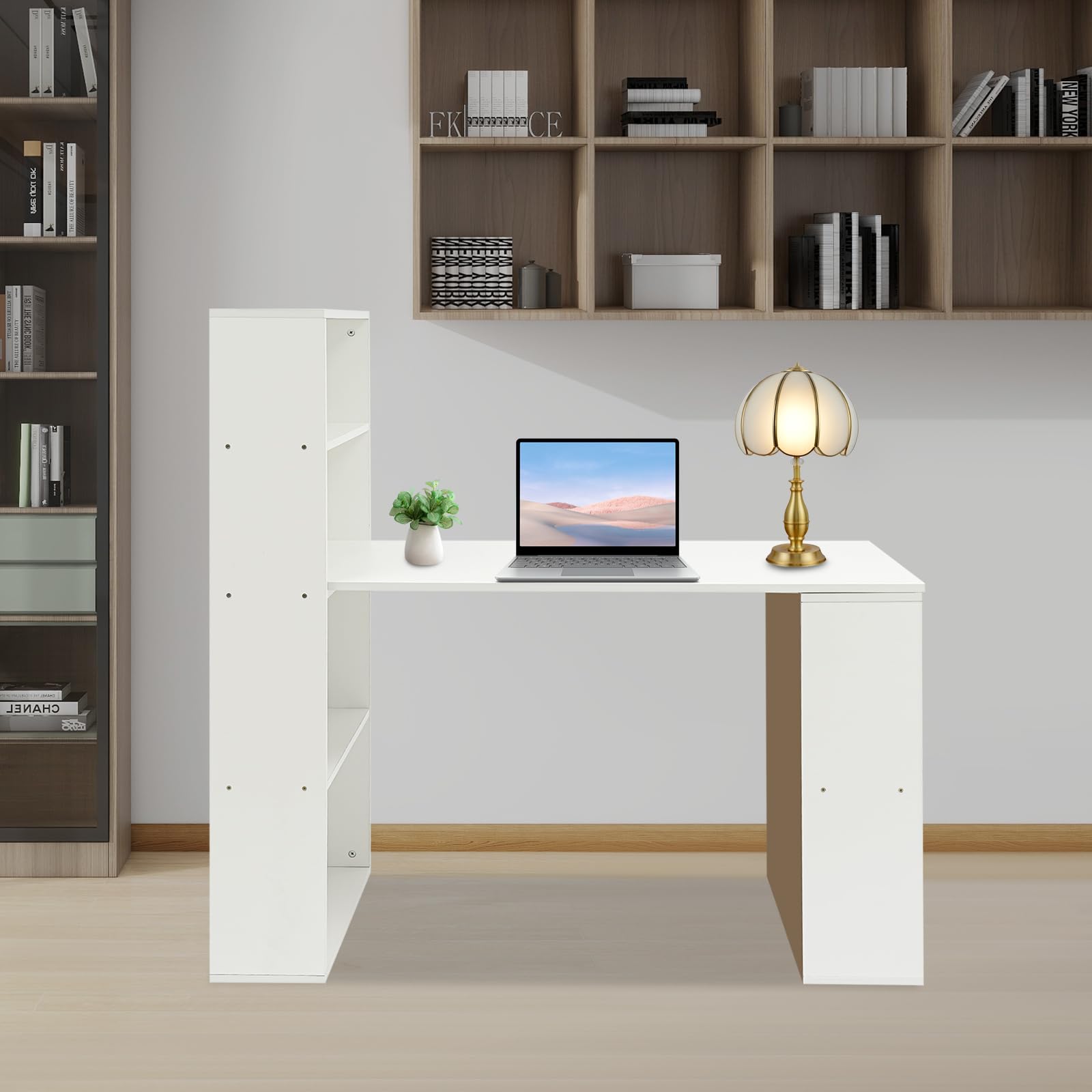 Scrivania con vano portaoggetti, scrivania per computer con ripiani aperti, tavolo da ufficio, bianco per camera da letto, studio, 52,4 x 120 x 120 cm