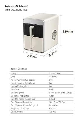 Mars & Hars UV-C Teknolojili, Kendi Kendini Temizleyen, Çekmece Tipi Set Üstü Buz Makinesi, 12 kg/24 Saat Kapasite