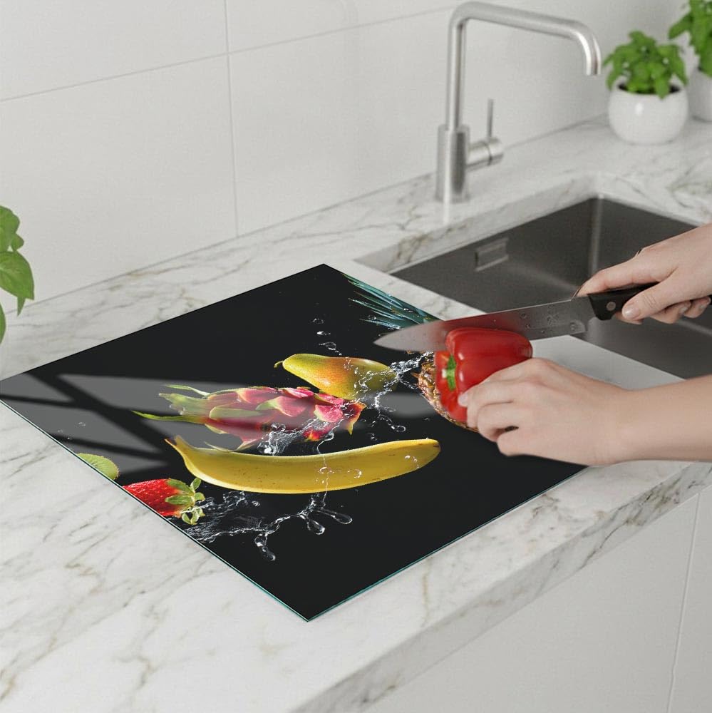 SFArt Protège-plaque 60x52 – Planche à découper en verre trempé 1 pièce – Induction & Vitrocéramique - Fruits Tropicaux- SFArt