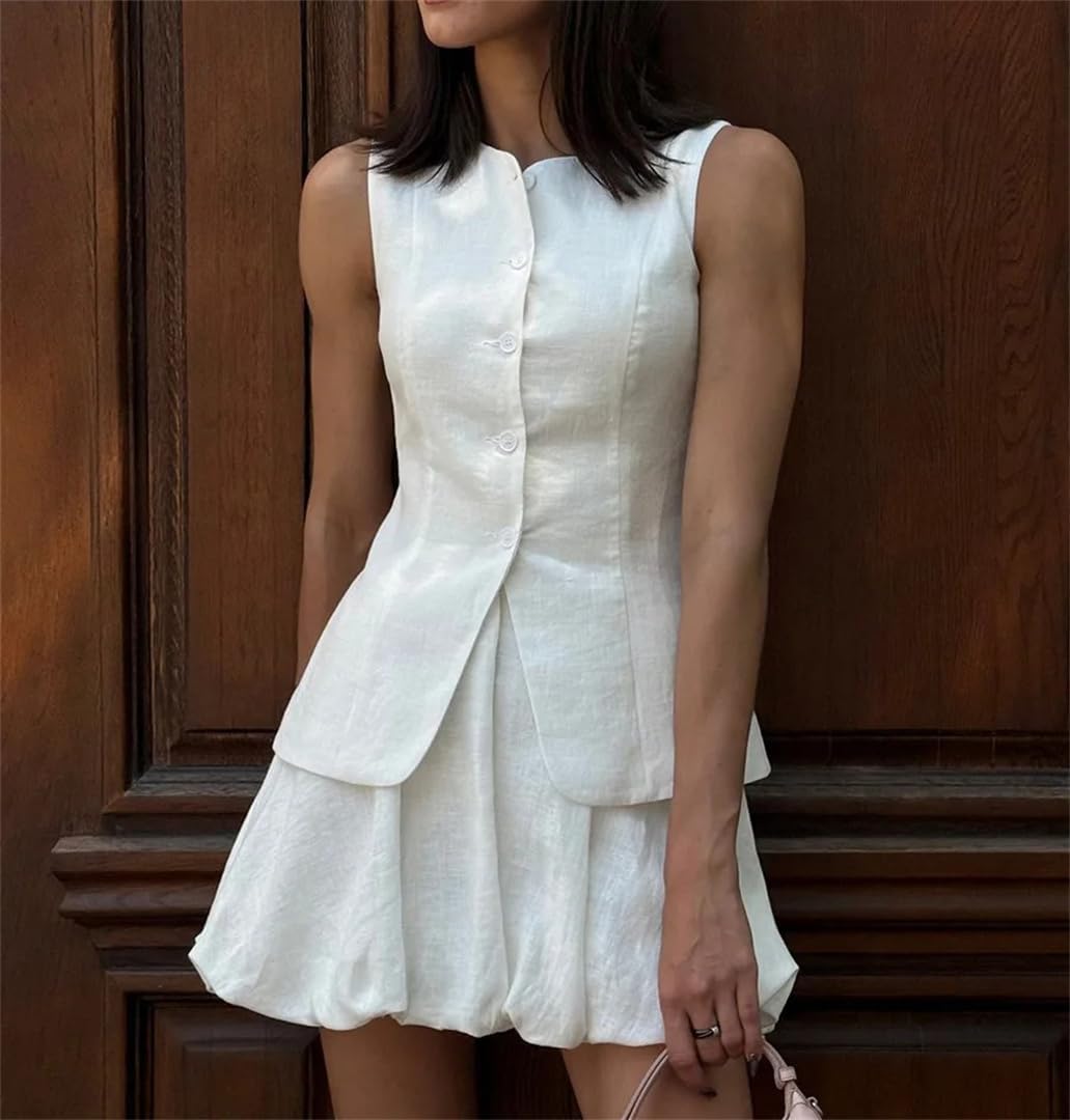 Women's Cotton Casual Two Piece Set Sleeveless Tank Top Vest And Loose Mini Skirt Commuter Summer Suit
