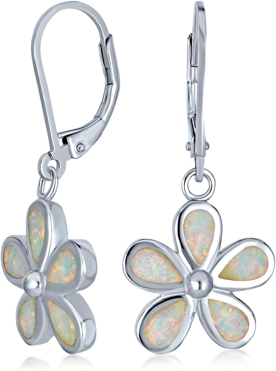 White Plumeria Flower Created Opal Dangling Earrings For Women .925 Sterling Silver Lever Back October Birthstone