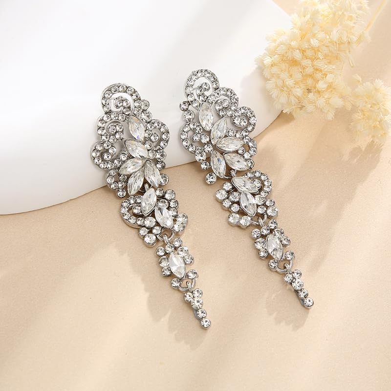 Rhinestone Dangle Earrings for Wedding Silver Fashion Crystal Floral Cluster Statement Bridal Drop Earring for Women Bridal Brides Bridesmaids Party Prom - Image 3