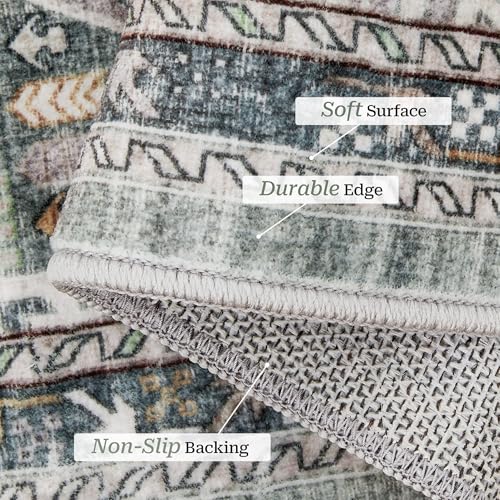 Madane Hallway Runner Rug 2x12, Extra Long Washable Runner Rugs with Rubber Backing, Non Slip Carpet Runner, Vintage Rug Runners for Kitchen Laundry Room Entryway (Green/Gold, 2'x12')