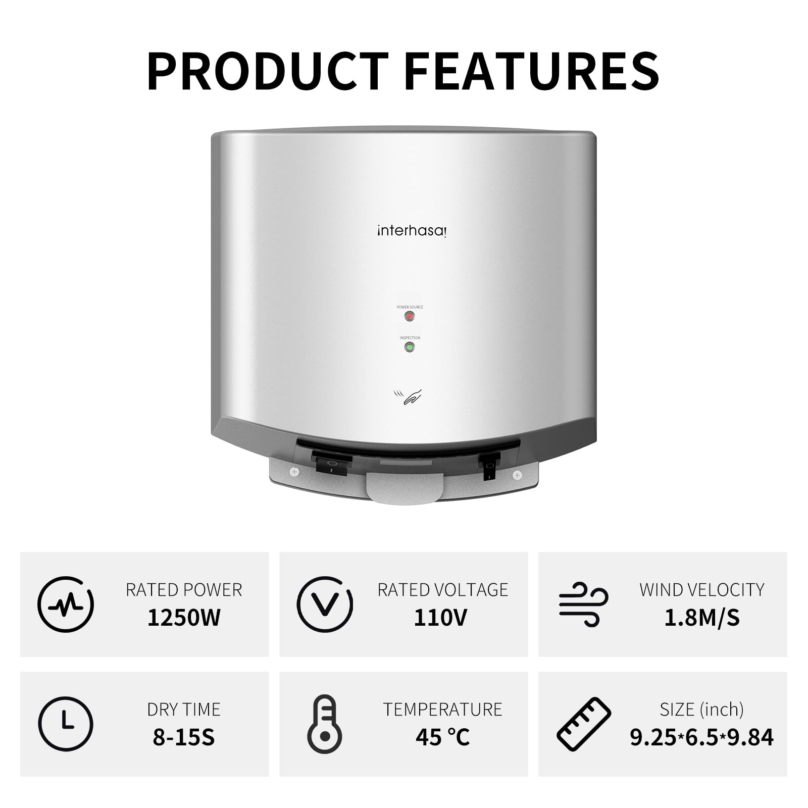 interhasa! Händetrockner automatischer Infrarotsensor handtrockner leise Gewerbe und Haushalt 1250W（Silber）
