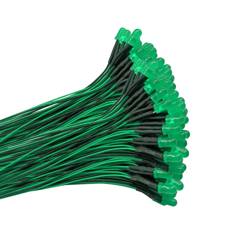 100 Pezzi 5mm LED Diodo ad Emissione Luminosa, Precablata 12V 20cm, LED Colorate Diffuse per Illuminazione (Verde)