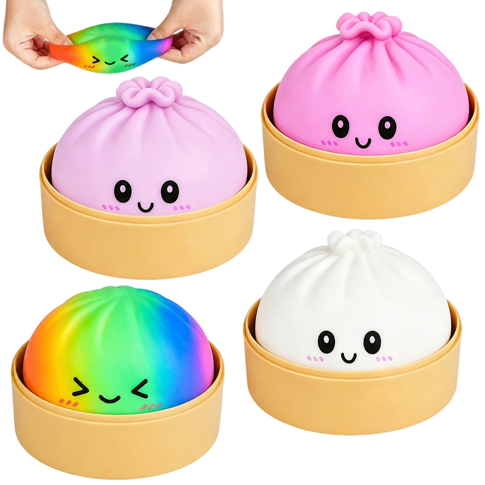 Giant Squishy Bao Dumpling, 4PCS Dumpling Toy, Colorful Squishies Dumplings Stress Balls with Steamer Box, Soft Decompression Sensory Fidget Toys for Anxiety Relief