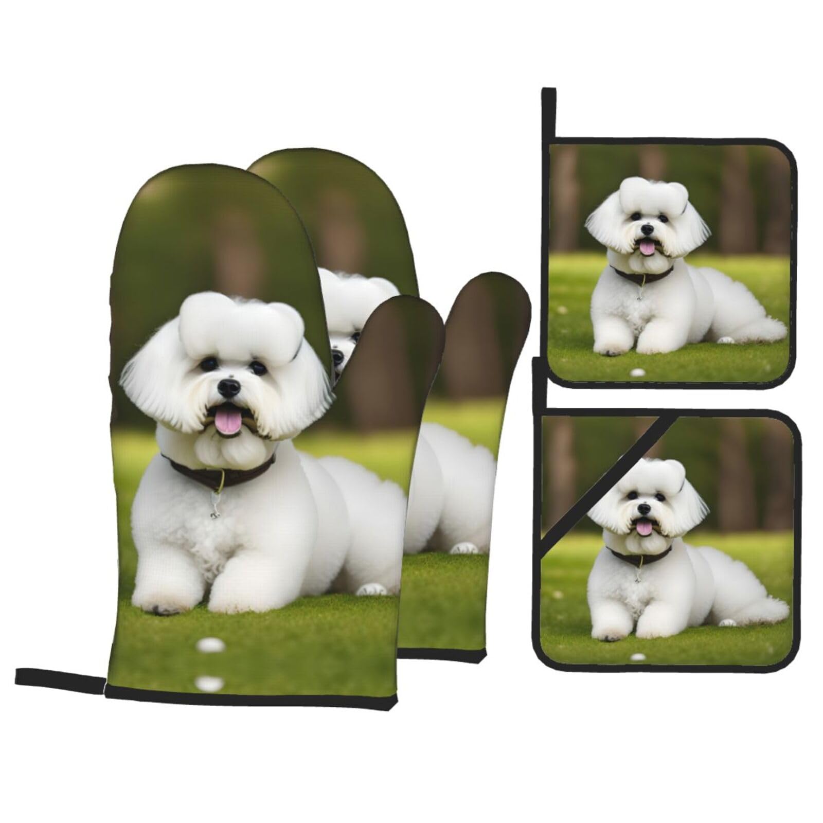 cute Bichon Frise Dog Print Oven Microwaving Waterproof Kitchen Gloves for Baking Grilling Holiday Cooking