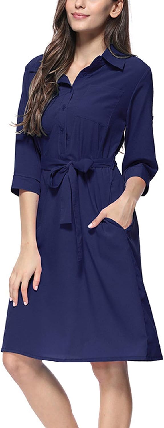 Lu's Chic Women's Shirt Dress 3/4 Sleeve Self Tie Button Down Casual Midi Dresses with Pockets Navy US S (Tag M)