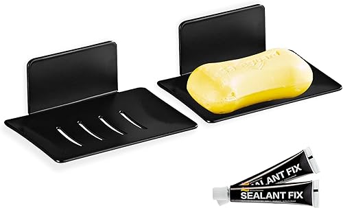 Jabonera para pared de ducha, 2 piezas de acero inoxidable negro, jabonera para ducha, cascada, barra autoadhesiva, jaboneras con desagüe para