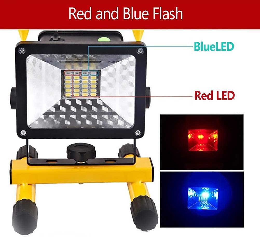Luz de trabajo LED recargable de 30 W, 2 modos, foco de exterior portátil regulable con luz de advertencia de flash rojo azul, 360 grados; Soporte giratorio Proyector impermeable IP65 para pesca, cáma