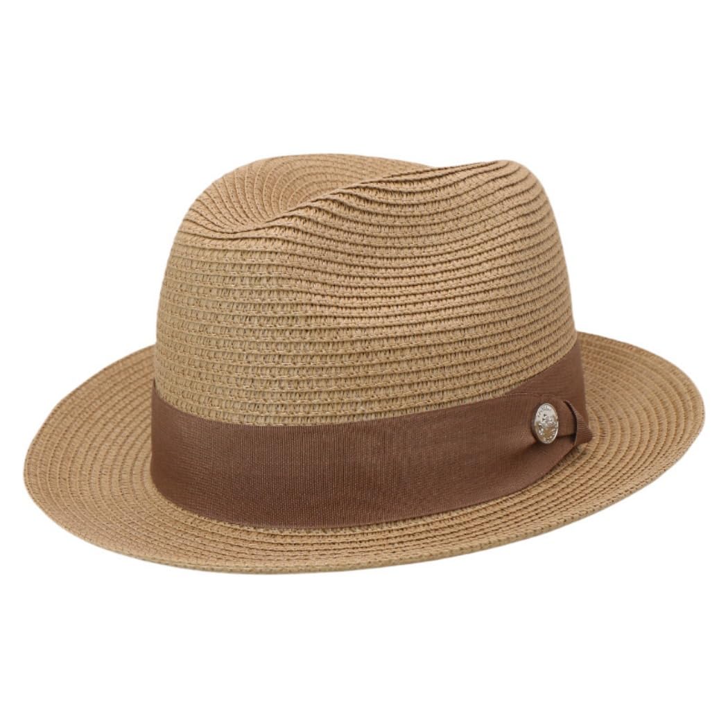 Klasyczna słomkowa czapka Fedora, brązowa opaska z ozdobnym guzikiem, khaki