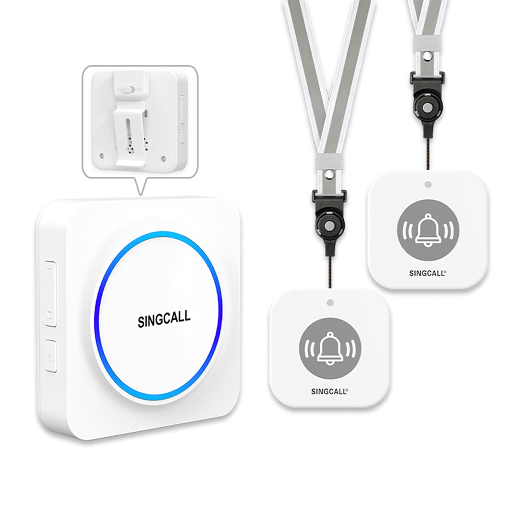 SINGCALL Botón Emergencia Ancianos Portátil con Llamada SOS Avisador Personas Mayores Alarma Movil Inalambrica Alarma Panico para Pacientes,32 Melodías,Volumen 0-100dB, 1 Receptor Portátil + 2 Botones