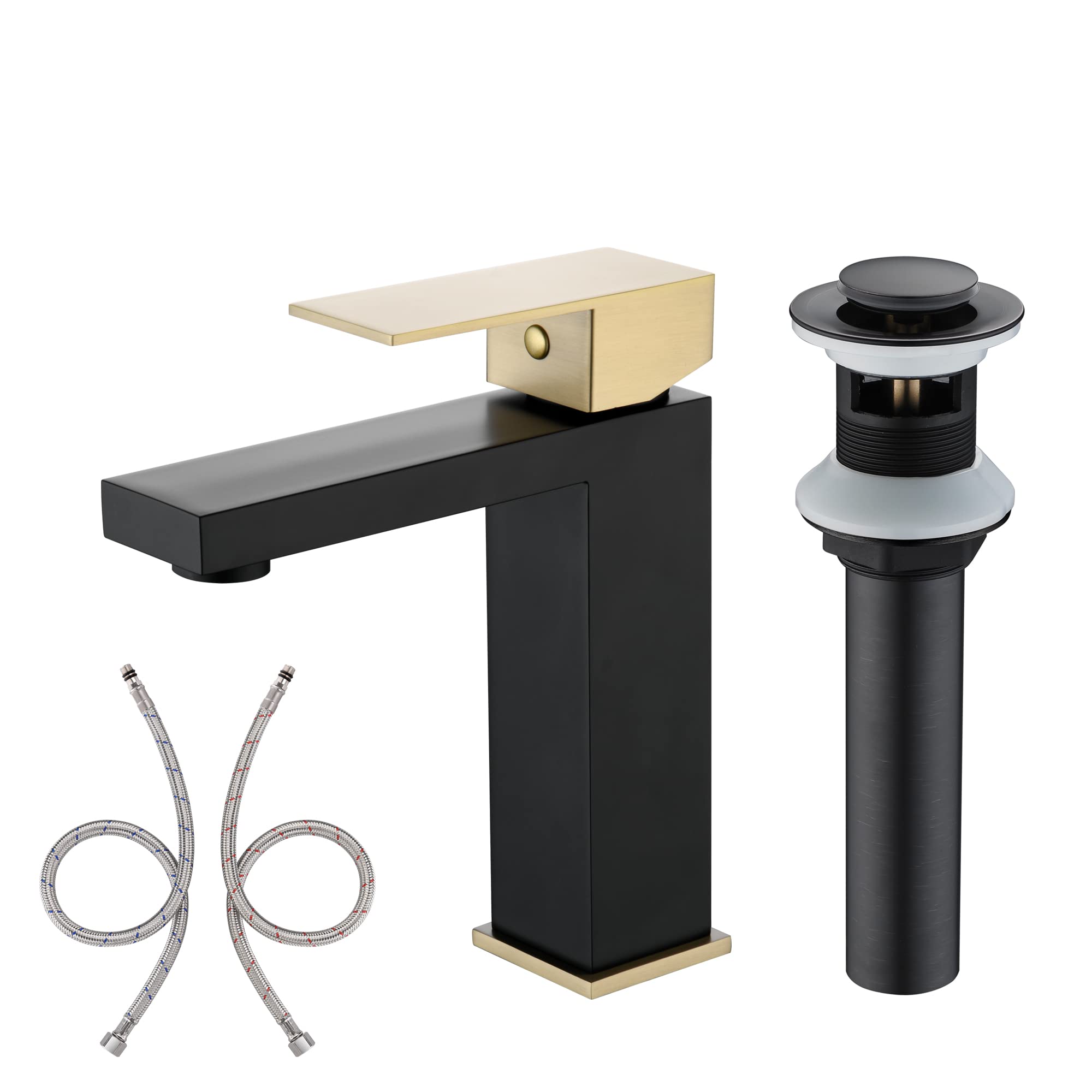 Jnfidosr Black Bathroom Sink Faucet S1412-Mg + S7306o Pop Up Drain With Overflow
