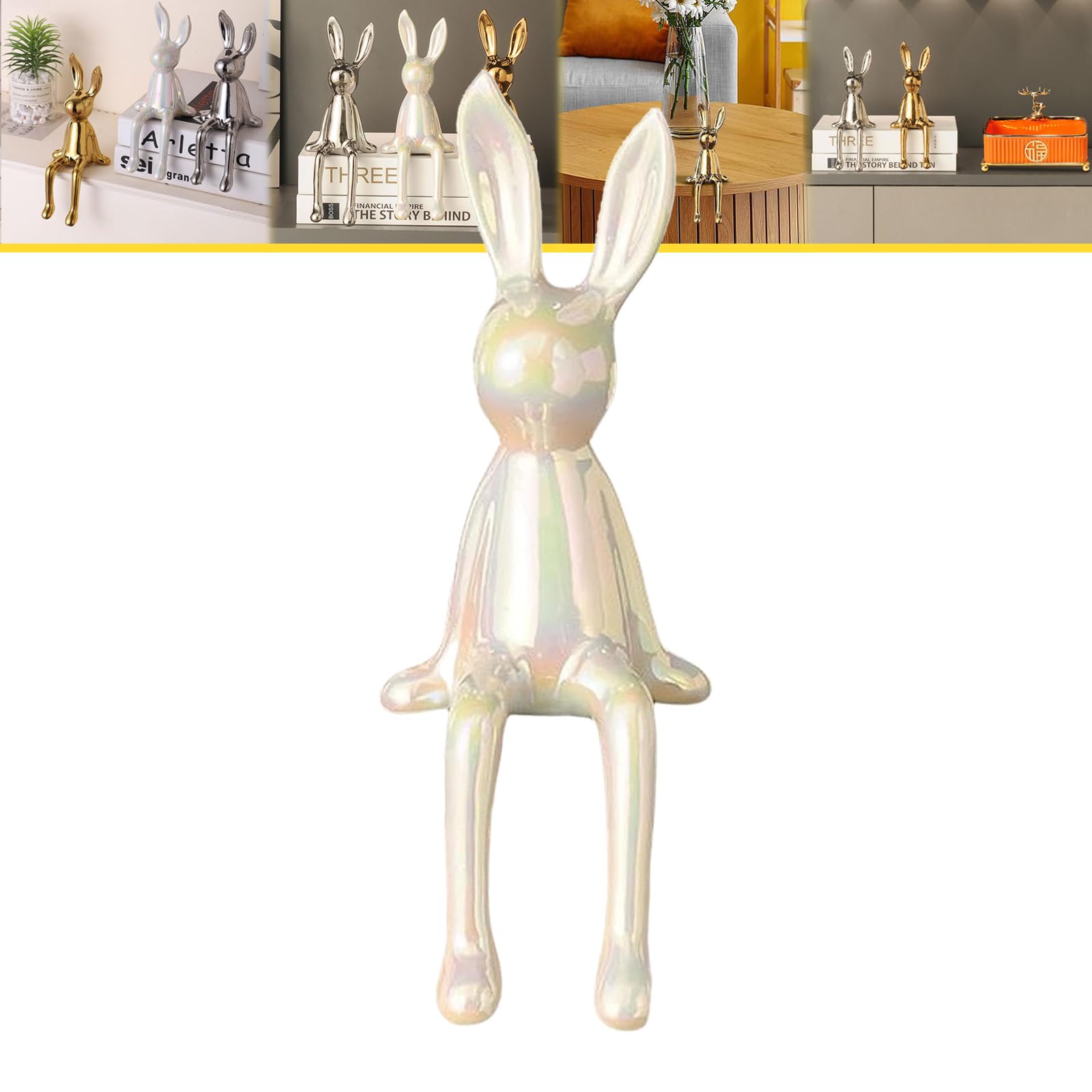WXQZHF Brass Sitting Bunny, Sitting Bunny for Shelf, Ceramic Electroplate Rabbit Figurine, Collectible Bunny Statue for Living Room, Office Desktop, Bookshelf Decor.(White)