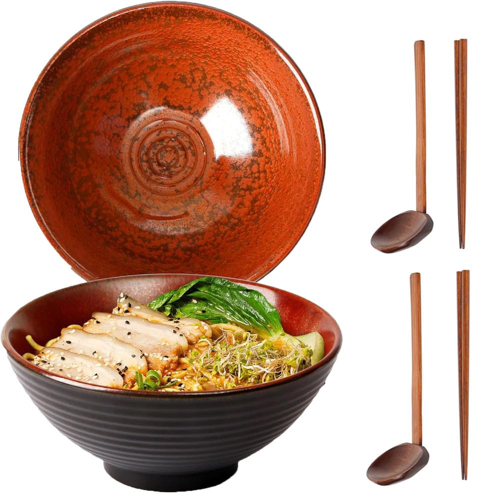 2 x Ramenschale aus japanischer Keramik Ramen Schüssel Set 1100 ml Suppe Schüssel mit Löffel und Essstäbchen(6-teilige) Mikrowellen und Spülmaschinen Sicher,Feuriges rot