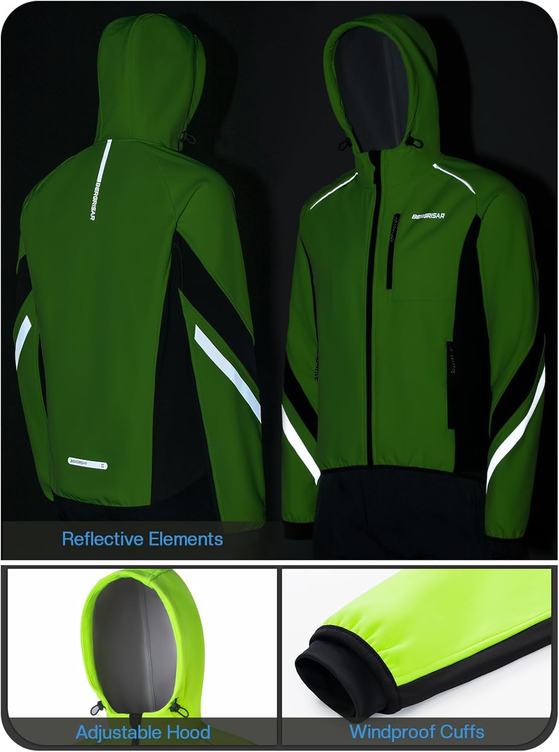 BERGRISAR Winter Cycling Jackets for Men Thermal Fleece Water Resistant Windbreaker Hood Bike Bicycle Biking Jackets - Image 4