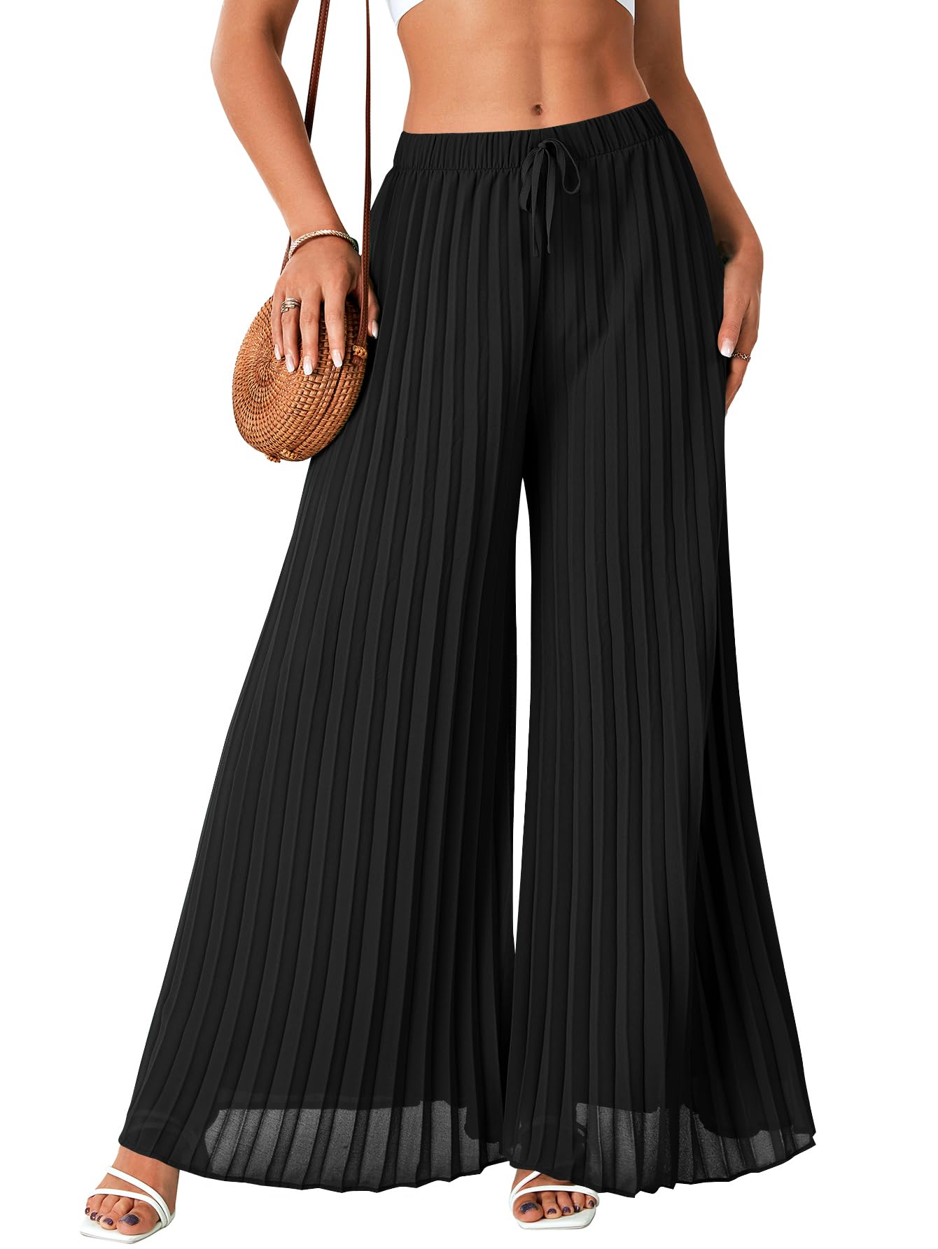 OPOIPIN Womens Chiffon Wide Leg Pleated Pants High Waist Flowy Loose Casual Long Trousers
