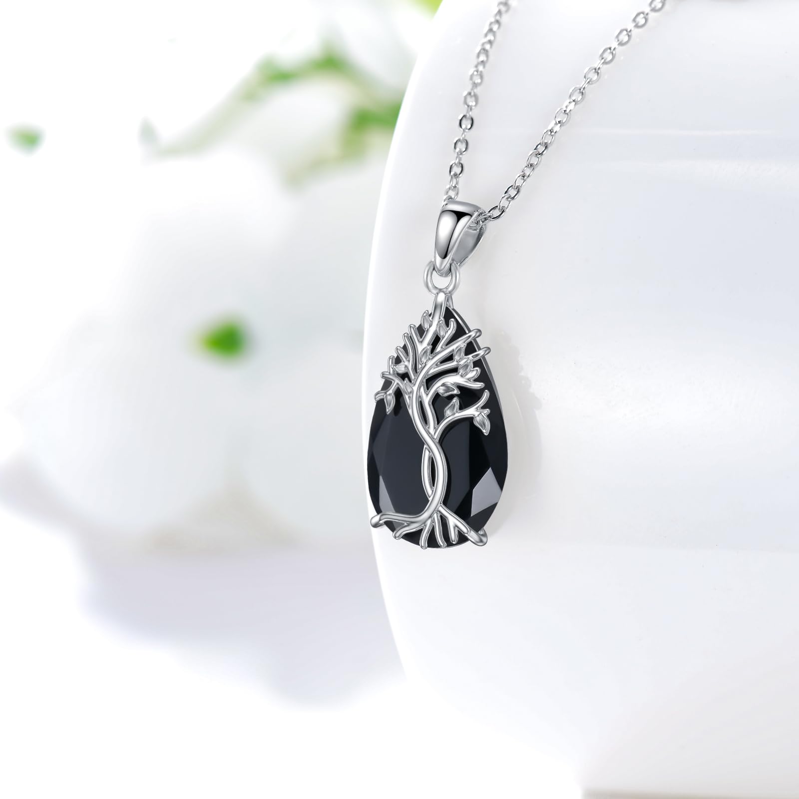 YFN Collana con albero della vita, in argento Sterling con tormalina nera, ciondolo celtico, albero della vita, regalo per donne, adolescenti, ragazze, compleanno, 30*18mm, Argento sterling, Zirconia