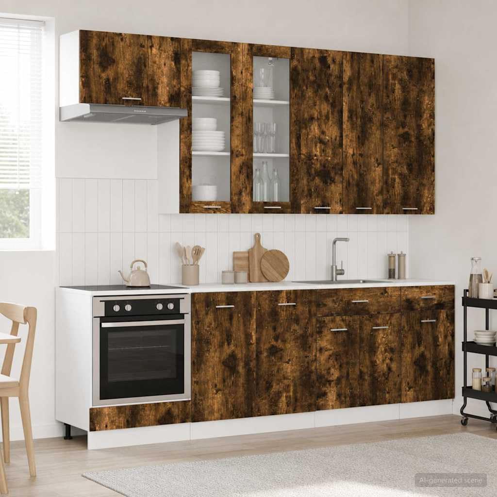 Mobile da cucina Lyon, 8 pezzi, moderna cucina da incasso in legno con piedini regolabili, mini cucina modulare per piano di lavoro, rovere affumicato
