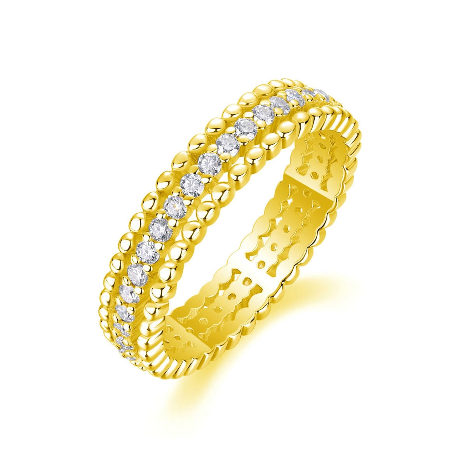 Anillo de compromiso de oro real de 9 quilates para mujer, pavé de moissanita, anillo de tres filas personalizado