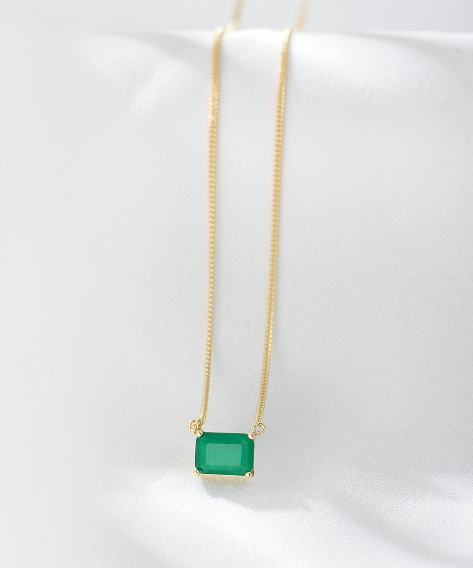 Halskette Gelbgold Damen, Halsketten mit Rechteck Labor Erzeugter Smaragd aus 375/585/750 Gold, 40+5cm