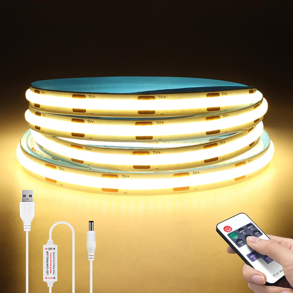 AoLa Taśma LED COB możliwością ściemniania 320 diod LED/m 5V z wtyczką USB i pilotem RF elastyczna taśma LED do samodzielnego montażu samoprzylepna do oświetlenia wnętrz,Warm light,5M