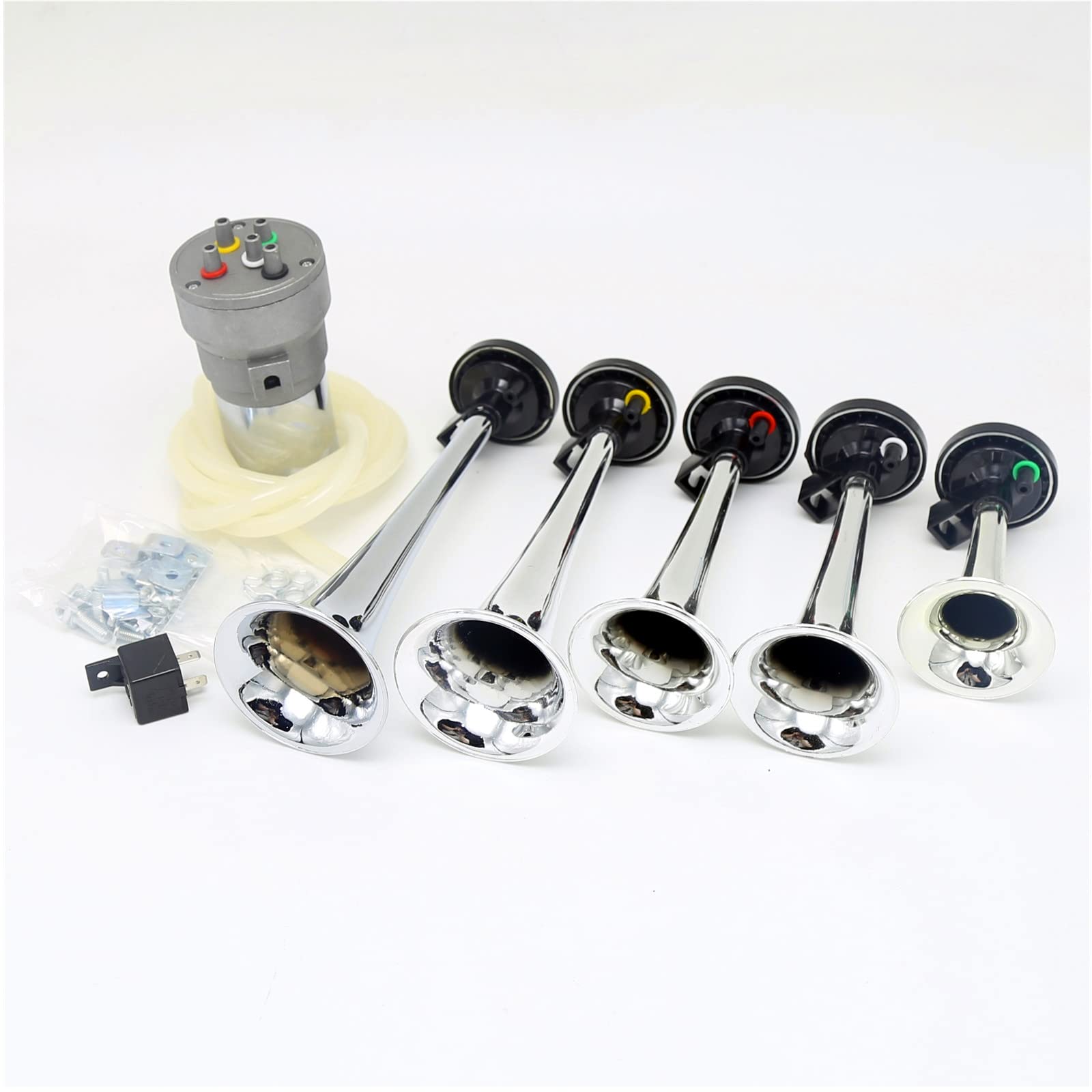 Tromba d'aria Dixie Air Horn 160db Corno da musica Tromba a cinque tubi argento elettrica impermeabile con pompa ad aria Tromba per camion tromba d'aria per auto per 12V Camion Nave Barca ecc