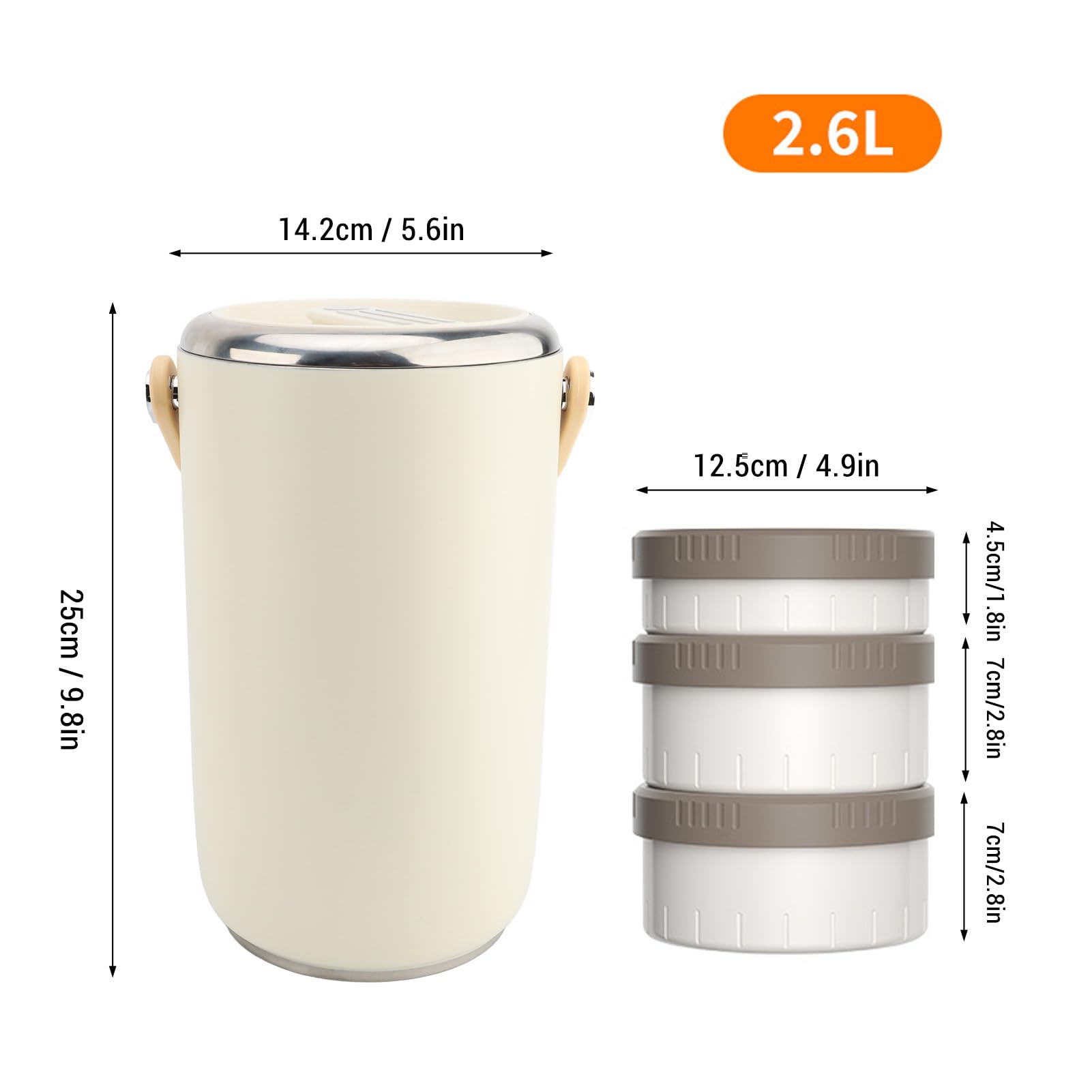 Tarro de comida aislado al vacío de acero inoxidable de 2,6 l con asa, lonchera aislada apilable de 3 niveles, apto para microondas a prueba de fugas para oficina y camping (Blanca)