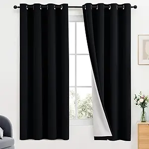 Yakamok 100% Blackout Curtains Black Room Darkening Thermal Insulated Window Curtain with 2 Thick Layers-Set of 2 Panels Grommet Top Drapes for Bedroom Living Room 52 Inches by 63 Inches Length