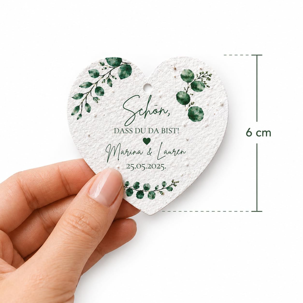 Personalisierte Samenpapier Anhänger Herz | Gastgeschenk Hochzeit nachhaltig | Mit Wildblumensamen | 6 cm | Mit oder ohne Pflanzanleitung | 3 Designs zur Auswahl (50, Ohne Pflanzanleitung)