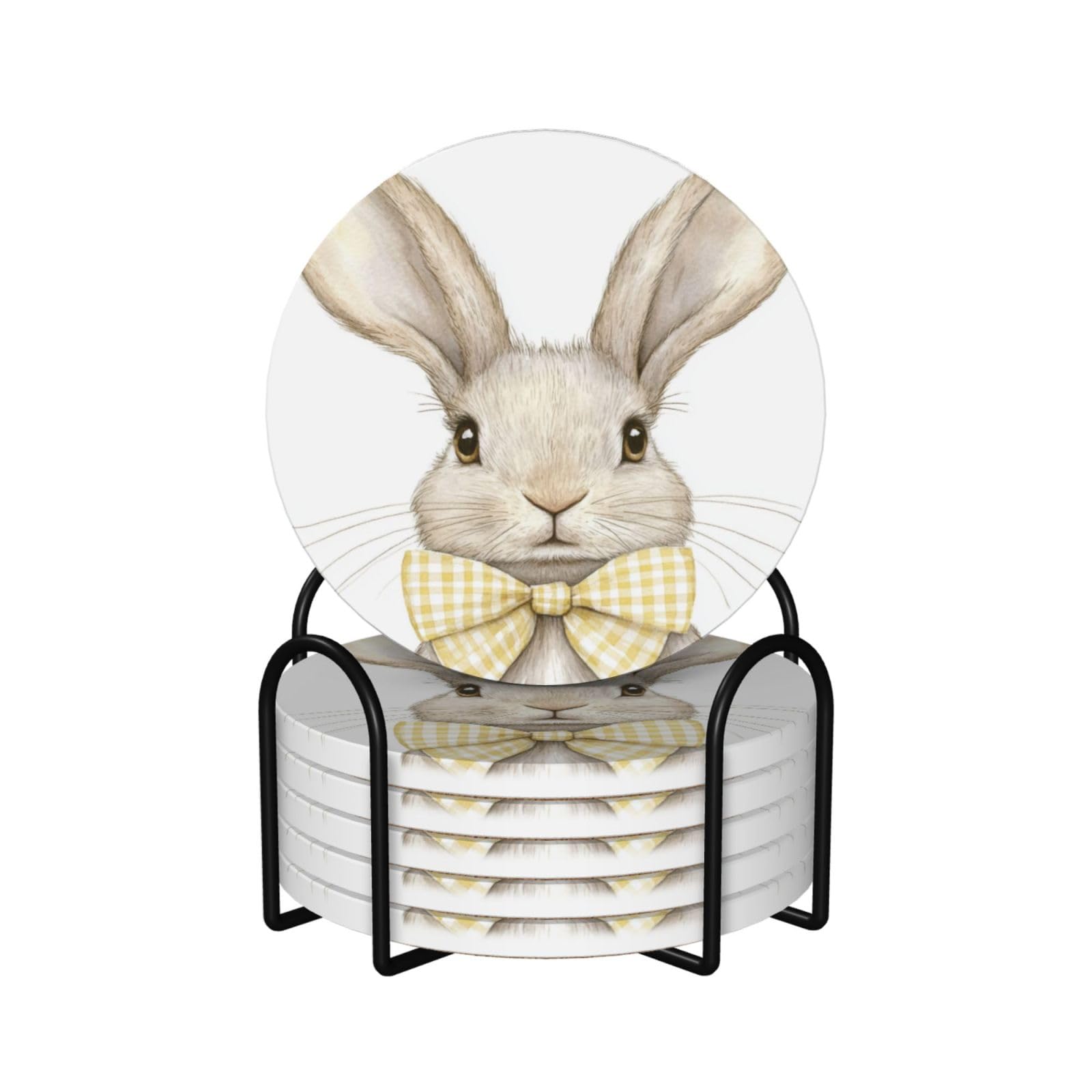 Watercolor Rabbit with Yellow Checker Bow Coasters with holder 6pc