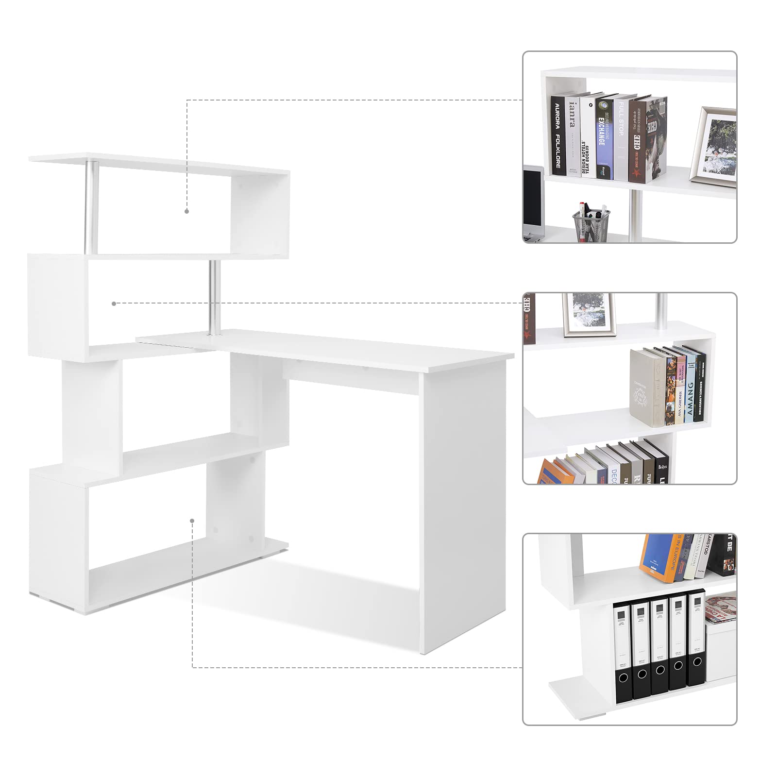 Mondeer Computertisch L-Förmig, Eckschreibtisch, mit 360 Grad Drehbarem Bücherregal für Arbeitszimmer Wohnzimmer Büro 157 x 45 x 130,5 cm, Weiß
