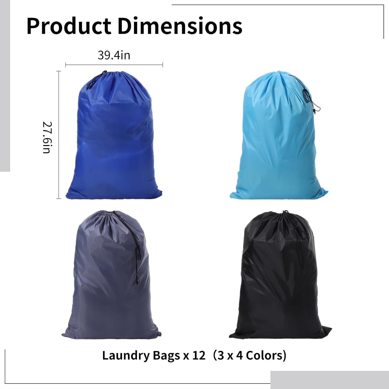 12 PCS Extra Large Laundry Bag with Drawstring - Oxford Fabric, 27.6 x 39.4 Inches 4 Colors Multi-Purpose for Laundry and Travel Storage