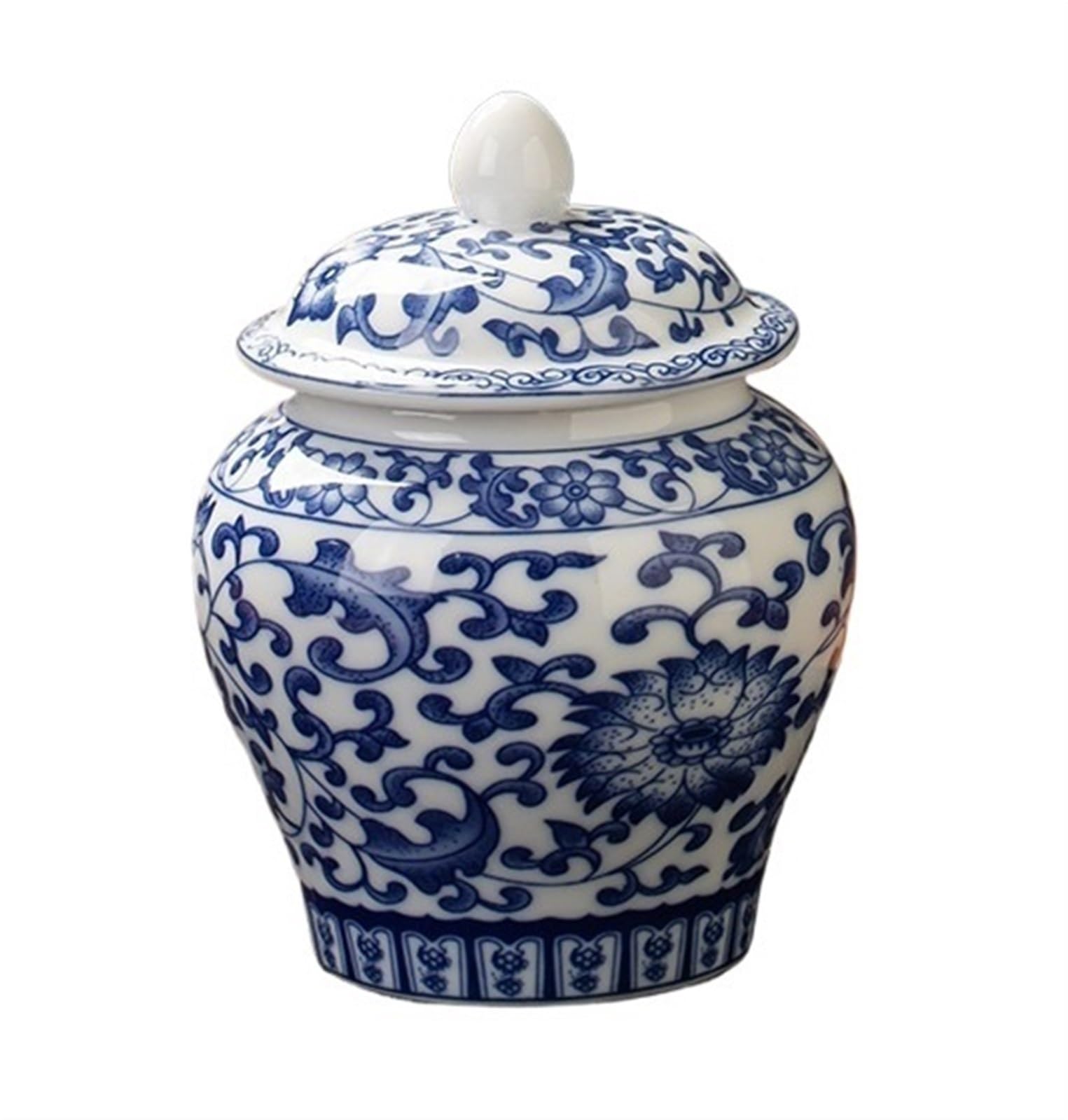 Blue and White Porcelain, Home Decor Ceramic Ginger Jar with Lid -Tea canisters for Loose Tea, Airtight Jingdezhen Tea Caddy, Blue Lotus 350 ML